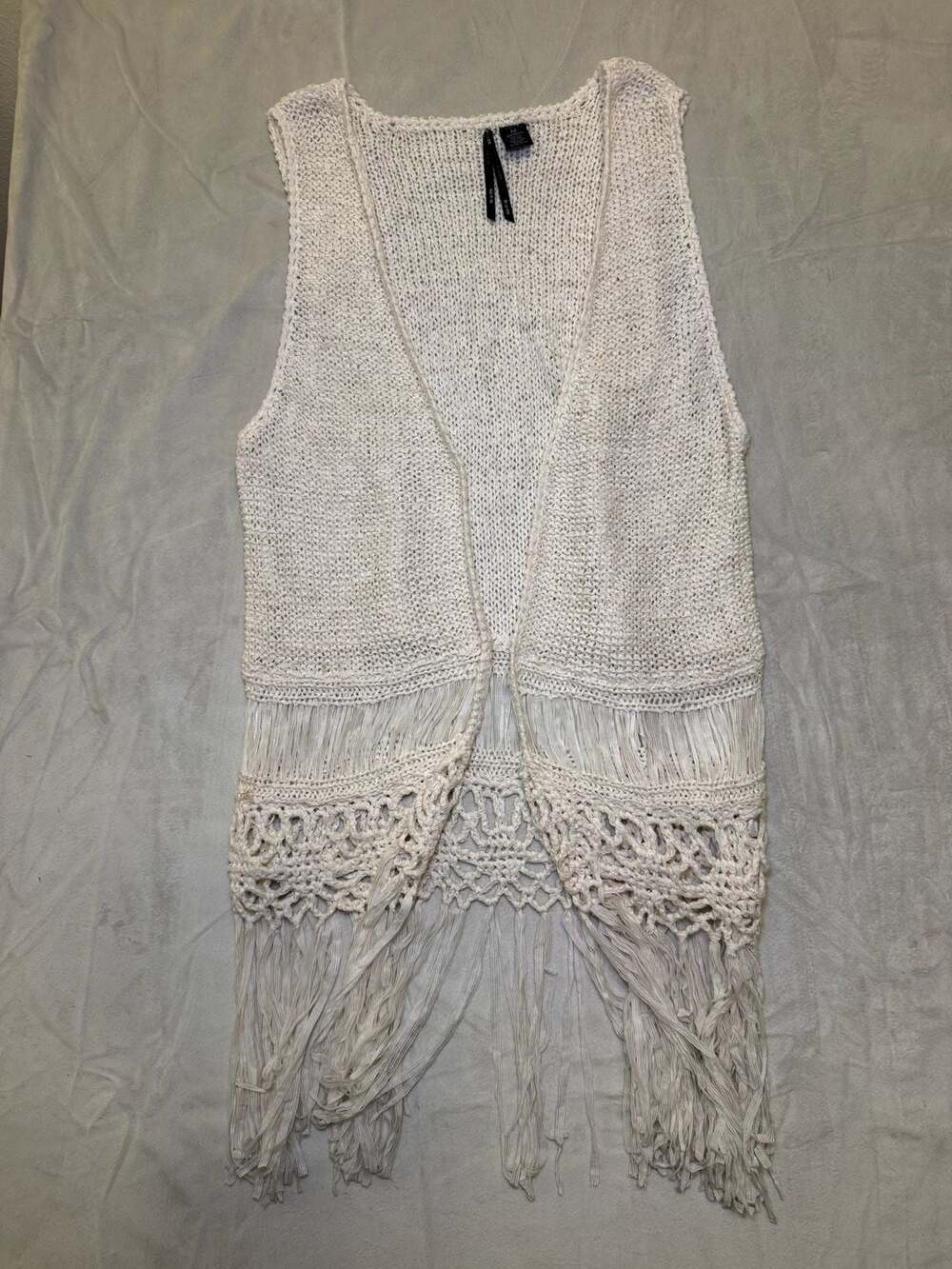Cream Crochet Fringe Boho Knit Vest Sleeveless Cardigan Medium